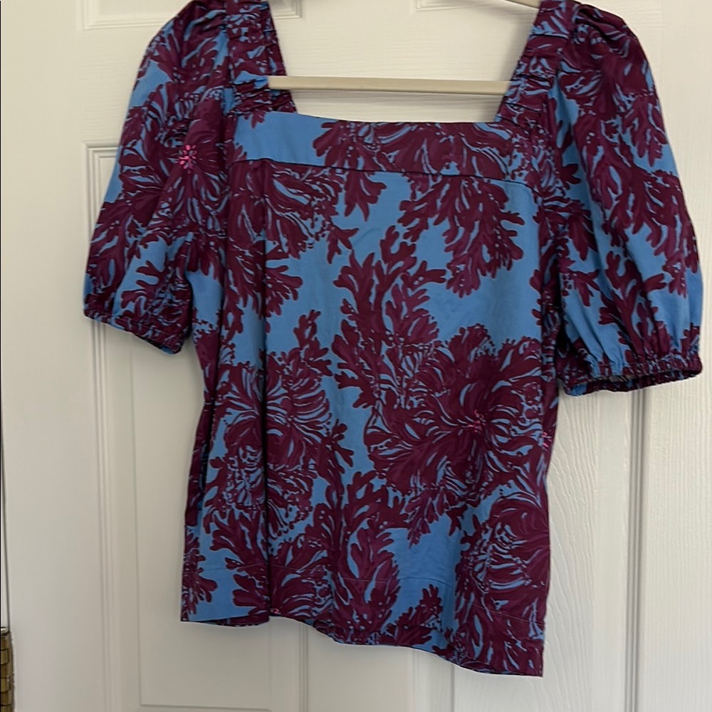 Lilly Pulitzer Blue and Red Puff Sleeve Blouse